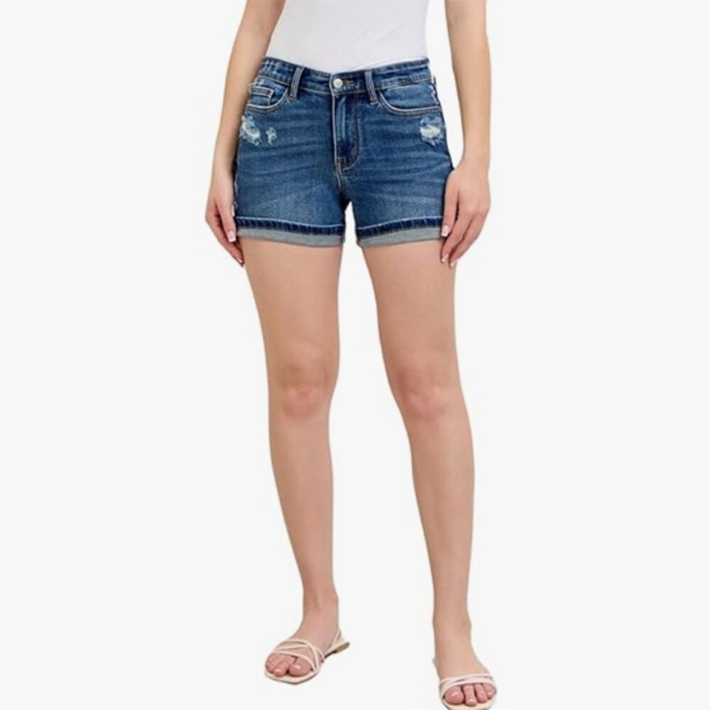 Judy Blue Mid Rise Cell Phone Pocket Destroy and Cuff Dad Shorts